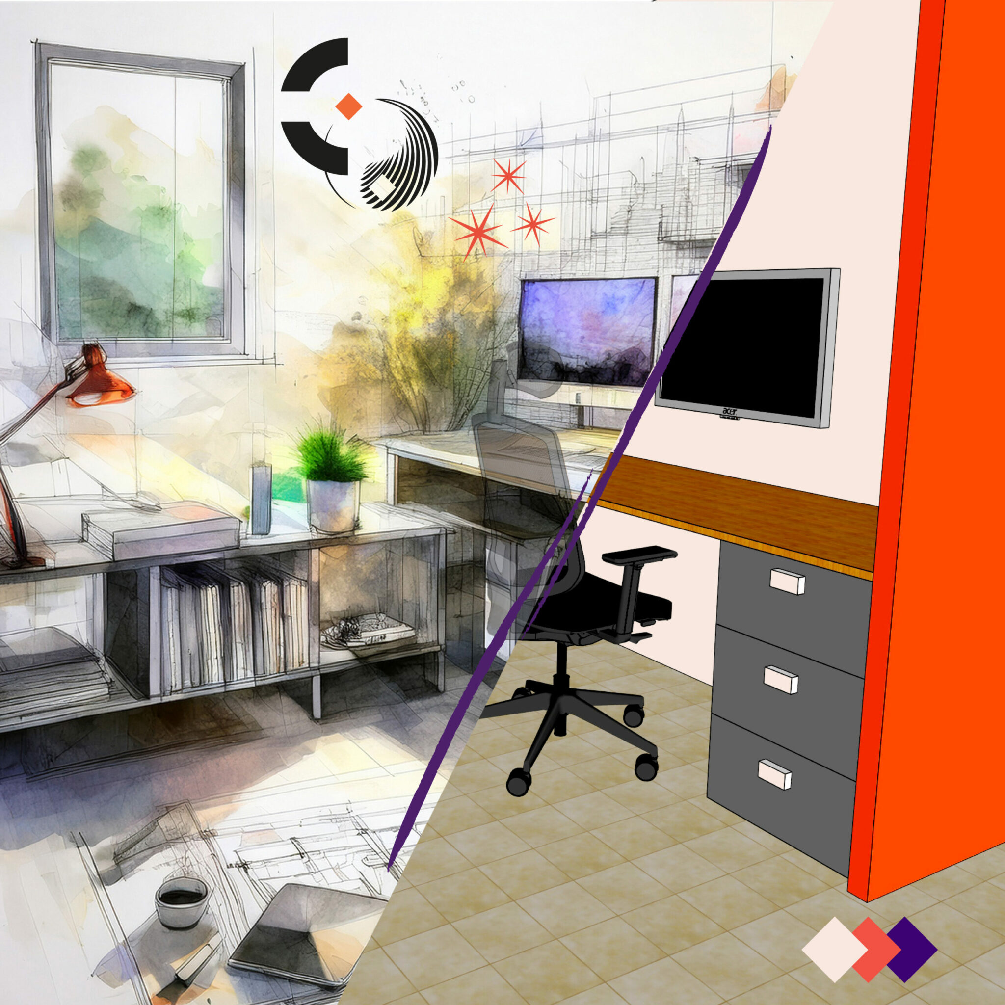 Bureau mixte aquarelle 3D