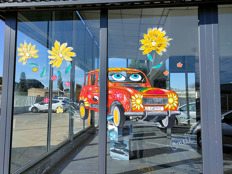 Peinture sur vitrine artistique 4L explosion de couleurs - Identité visuelle commerces