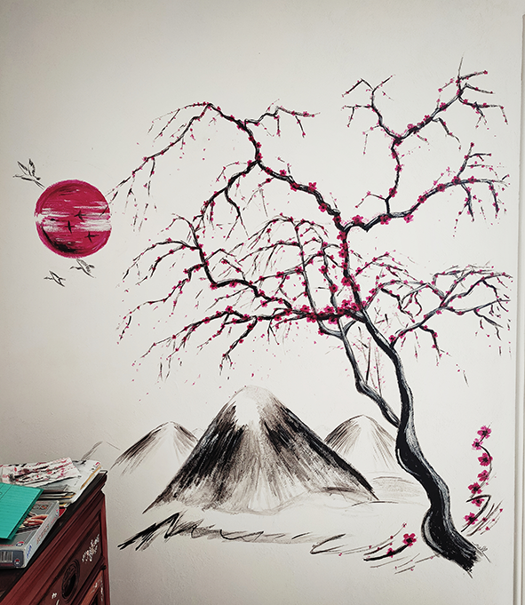 Fresque murale cerisier japonais salon - Décoration intérieure zen et poétique sur mesure