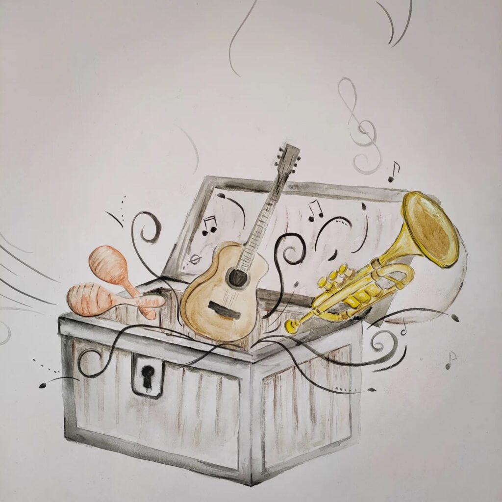 Peinture murale poétique chambre enfant coffre à instruments de musique - par Céline Hamel