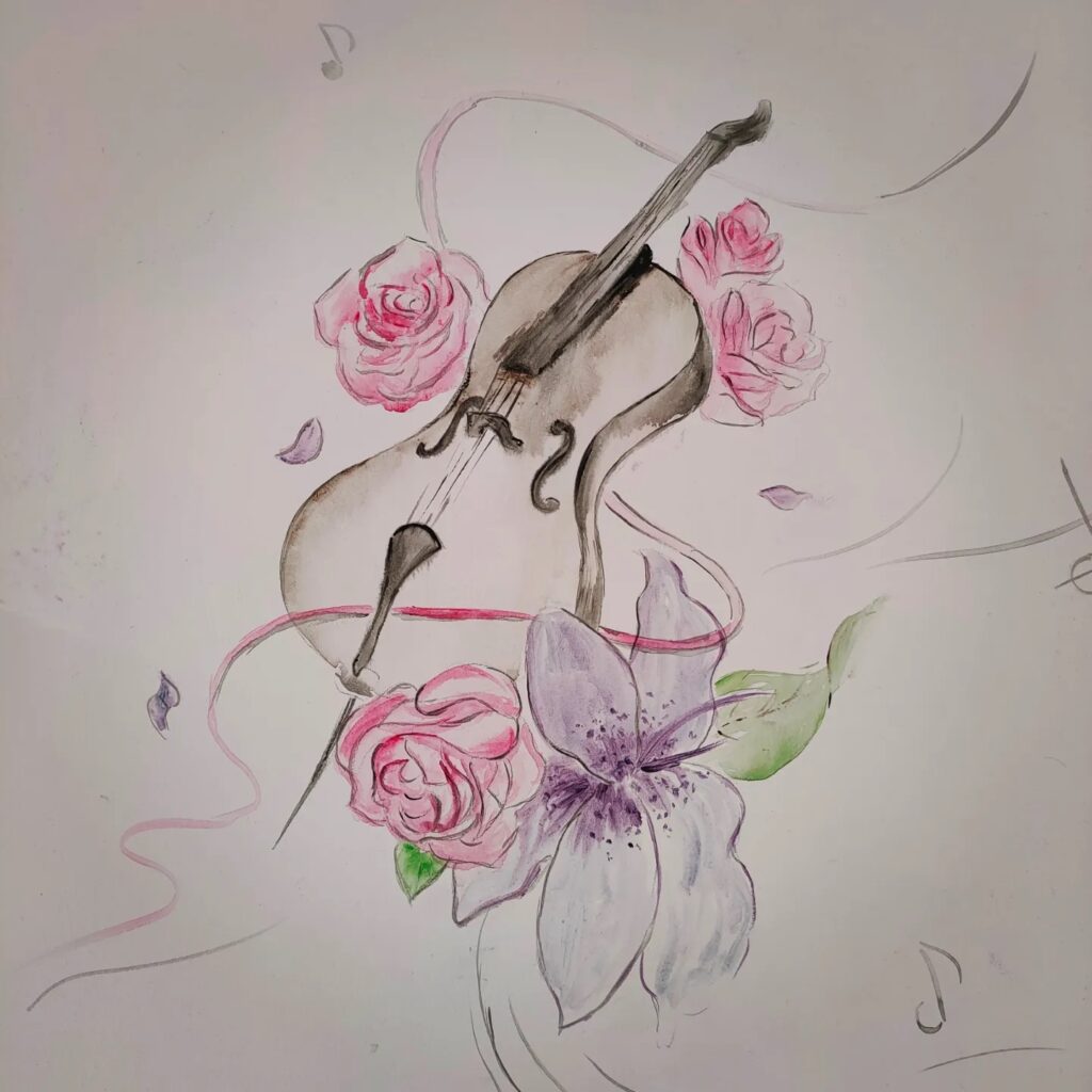 Peinture murale poétique chambre enfant violoncelle et roses à l'aquarelle - par Céline Hamel